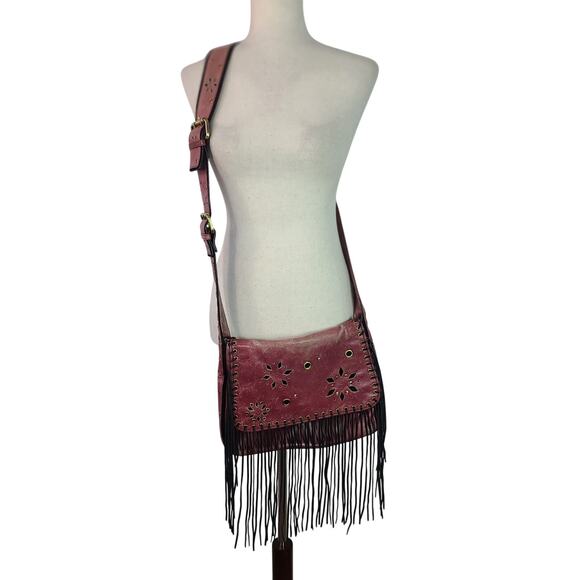 Sharif Studio Red Leather Black Fringe BOHO Hippie Vintage Bag Crossbody Purse - Picture 1 of 7